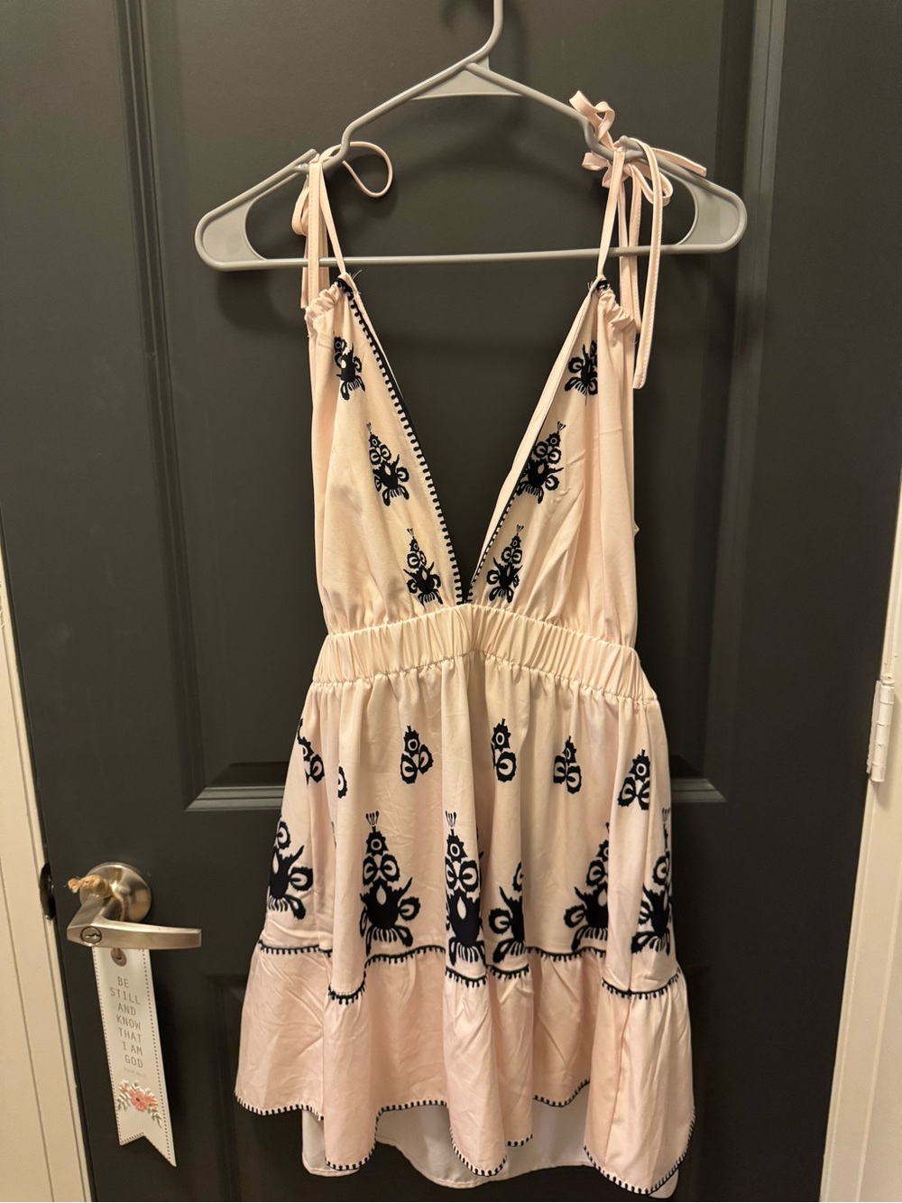 Women’s Embroidered Tie-Shoulder Summer Dress - Blush